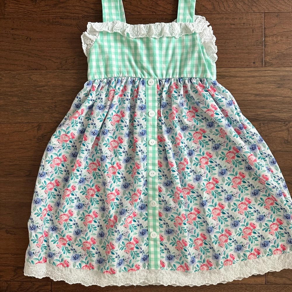 Sugar Dumplin’ Floral Kids Dress with Green Gingham Top
